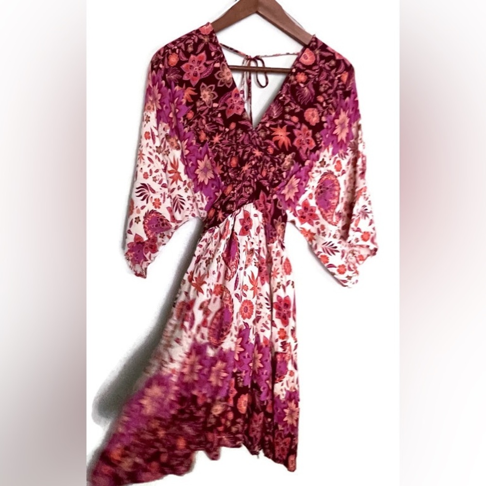 ANTHROPOLOGIE AAKAA Floral V-Neck Kimono Babydoll Mini Dress Pink Red Boho, M - Picture 3 of 17